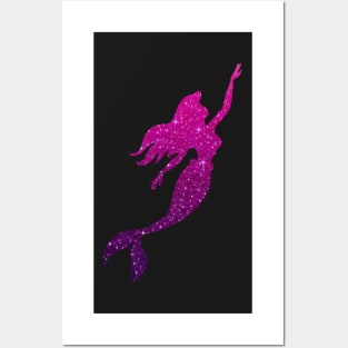 Pink and Purple Ombre Faux Glitter Mermaid Silhouette Posters and Art